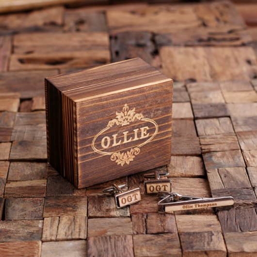 Engraved Gift Box Set: Wooden Tie Bar & Cufflinks (Front)