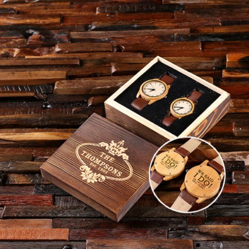 Engraved Gift Box w His  Hers Bamboo Watches