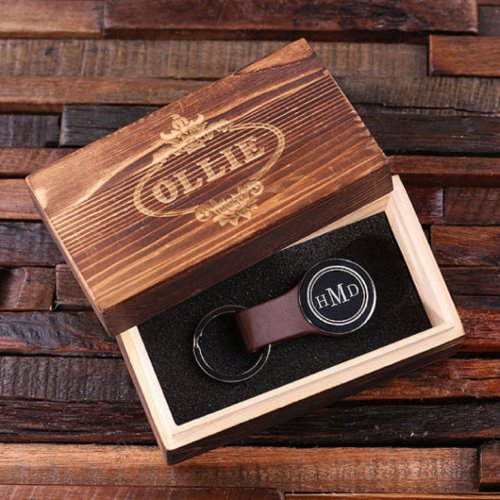Engraved Gift Box with Brown Round Keychain