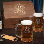 Engraved Gift Box with Set of Beer Glasses<br><div class="desc">Make the beer lover in your life the happiest they've ever been with a beer mug set theyll have to take on with both hands when you get them this engraved set of beer gifts! Includes two beer mugs, a wooden gift box, and a flat metal bottle opener. The mugs...</div>