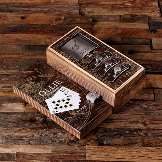 Engraved Gift Set w/ Playing Cards & Dice & Flasks (Inside)
