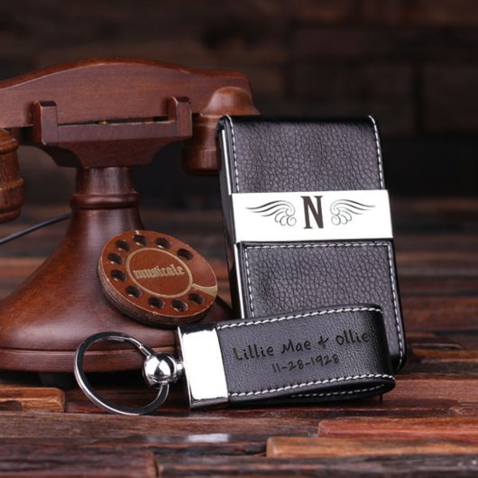 Engraved Gift Set with Black Leather Keychain (Front)