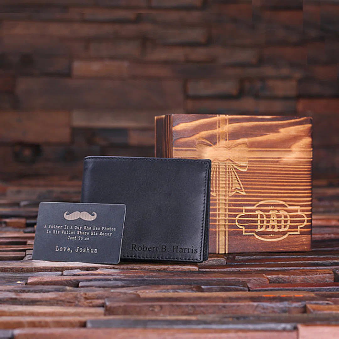 Engraved Gift Set with Black Leather Men's Wallet (Front)