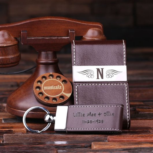 Engraved Gift Set with Brown Leather Keychain (Front)