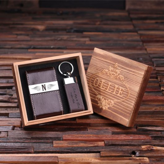 Engraved Gift Set with Brown Leather Keychain (Inside)