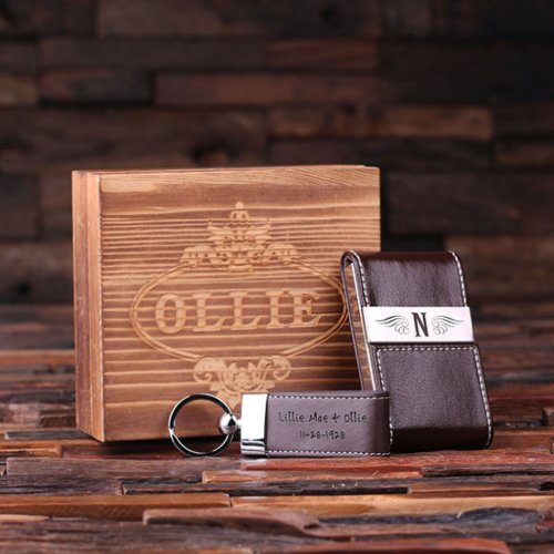Engraved Gift Set with Brown Leather Keychain