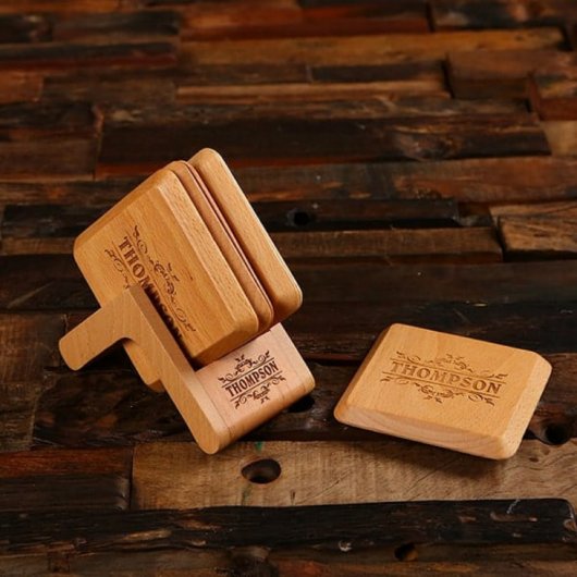 Engraved Gift Set with Square Wooden Coasters (Front)