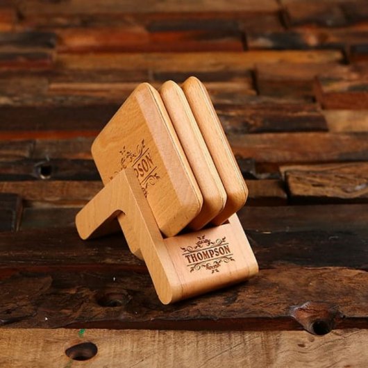 Engraved Gift Set with Square Wooden Coasters (Front)