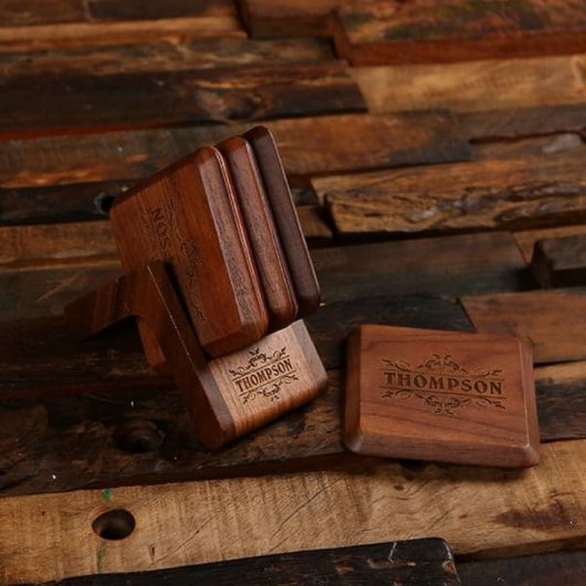 Engraved Gift Set with Square Wooden Coasters (Front)