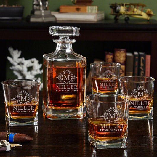 Engraved Glasses with Beautiful Bourbon Decanter (Front)
