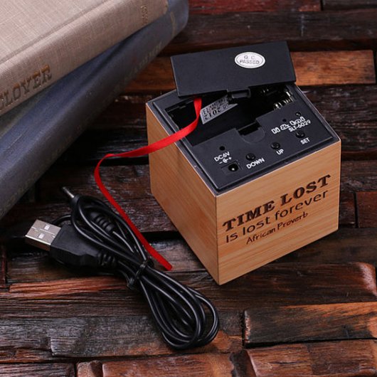 Engraved Green LED Display Wooden Digitial Clock (Back)