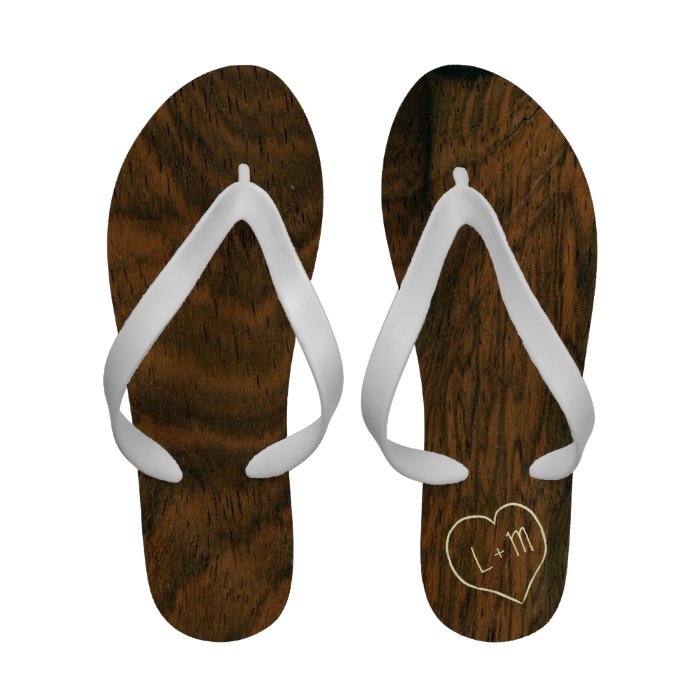 Engraved heart and initials on wood grain pattern Flip Flops