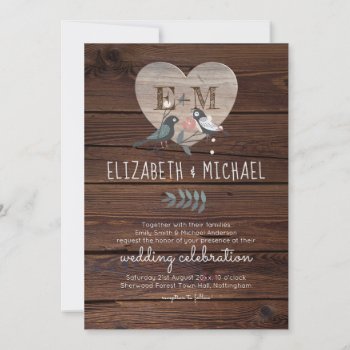 Engraved Heart Love Birds Rustic Wood Wedding Invitation by invitationz at Zazzle