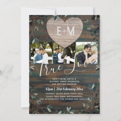 Engraved Heart Rustic Initials Wood Photo Wedding Invitation