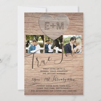 Engraved Heart Rustic Photo Initials Wood Wedding Invitation