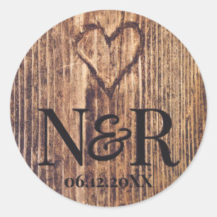  Engraved Heart Rustic Wood Cute Farmhouse Wedding Classic Round Sticker