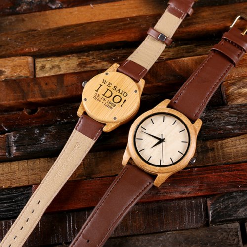 Engraved His  Hers Leather Strap Bamboo Watches