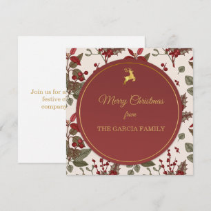 Engraved Holly and Mistletoe, Gold Reindeer. Invitation