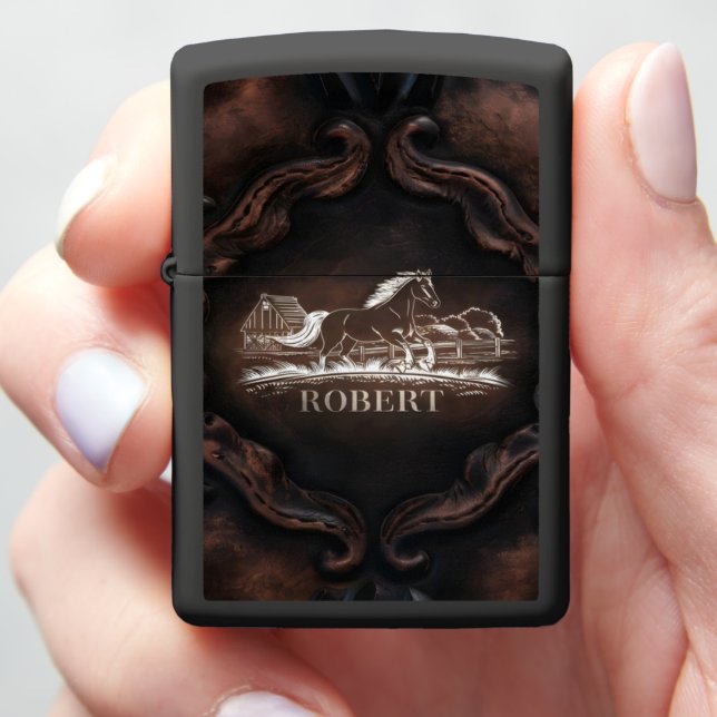 Engraved Horse Design Zippo Lighter (In Hand)
