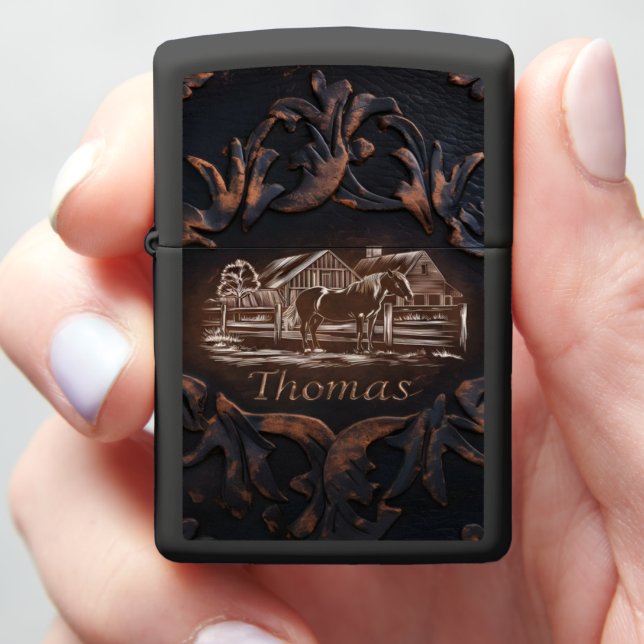 Engraved Horse & Farm Scene Zippo Lighter (In Hand)