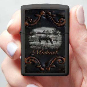Engraved Horse in Field Zippo Lighter