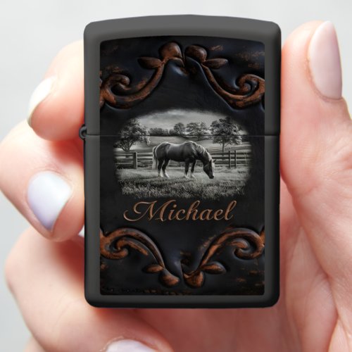 Engraved Horse in Field Zippo Lighter