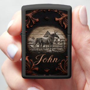 Engraved Horse On A Farm Zippo Lighter