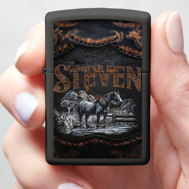 Engraved Horse on Farm Zippo Lighter (In Hand)