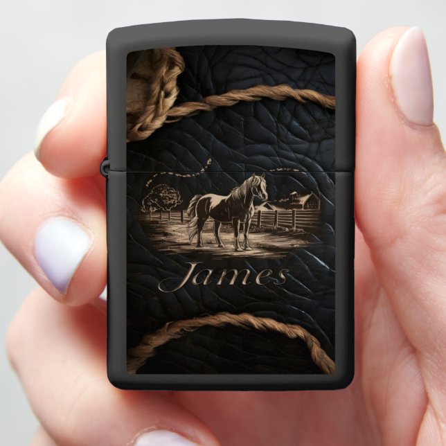 Engraved Horse On Leather Zippo Lighter (In Hand)