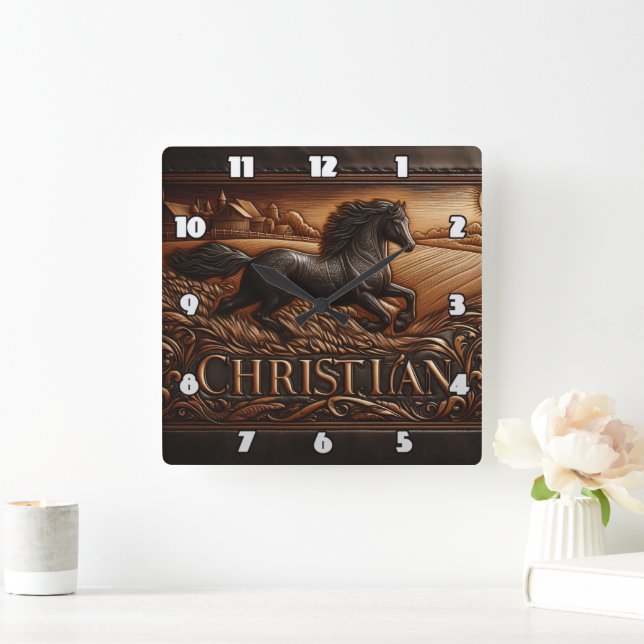 Engraved Horse Running Across Wheat Field Square Wall Clock (Home)