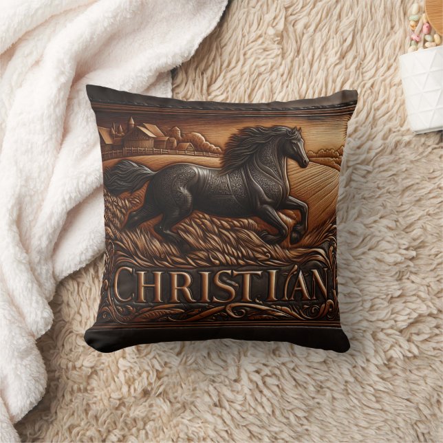 Engraved Horse Running Across Wheat Field Throw Pillow (Blanket)