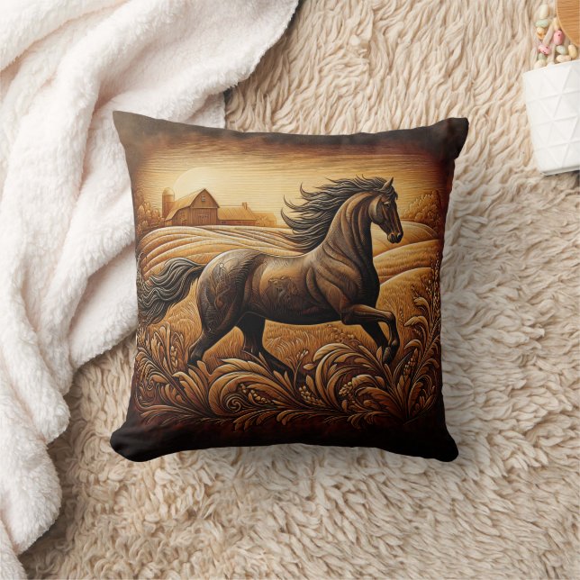 Engraved Horse Running Across Wheat Field Throw Pillow (Blanket)
