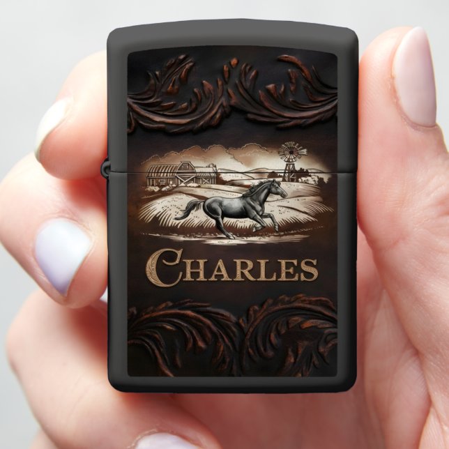 Engraved Horse Running Past Barn Zippo Lighter (In Hand)