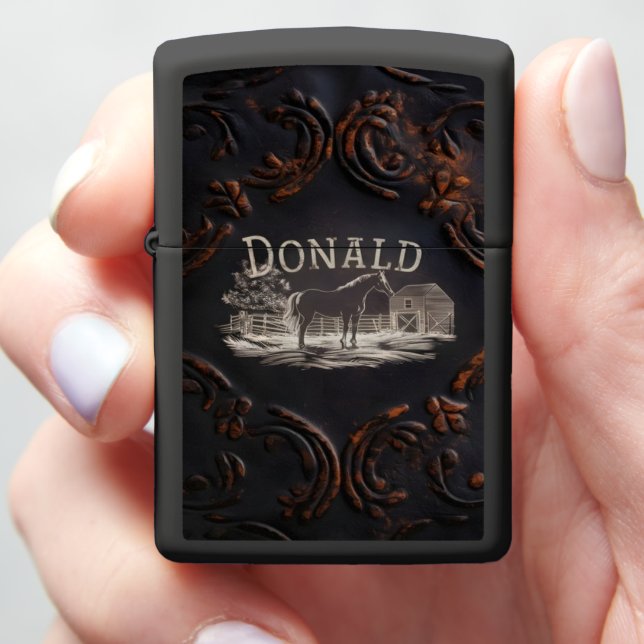 Engraved Horse Scene on Dark Surface Zippo Lighter (In Hand)