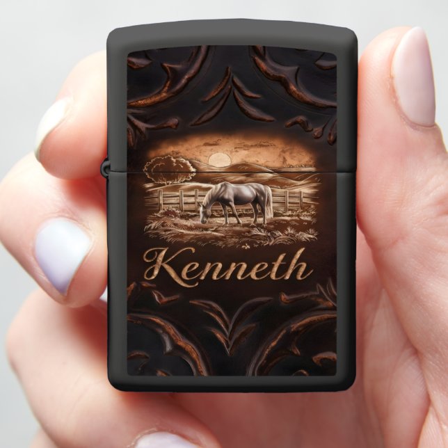 Engraved Horse Scene With Name Kenneth Zippo Lighter (In Hand)