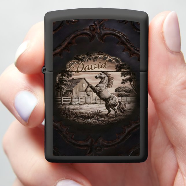Engraved Horse Scene Zippo Lighter (In Hand)