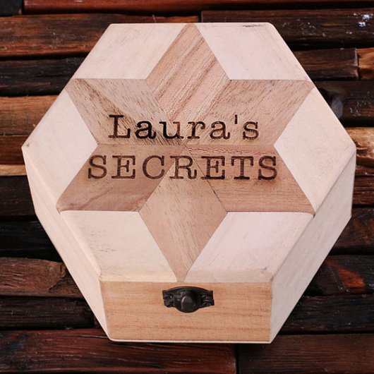 Engraved Large Hexagon Light Wood Keepsake Box (Close up)