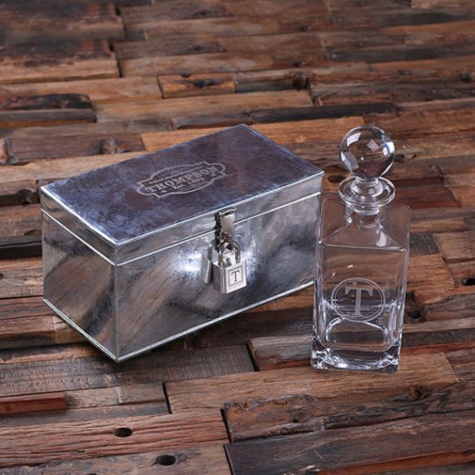 Engraved Lock Steel Box and Whiskey Decanter (Top)