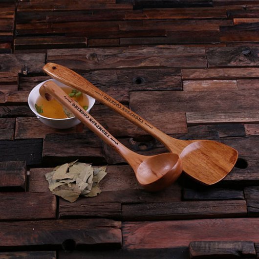 Engraved Long Handled Wooden Soup Ladle & Spatula (3/4)