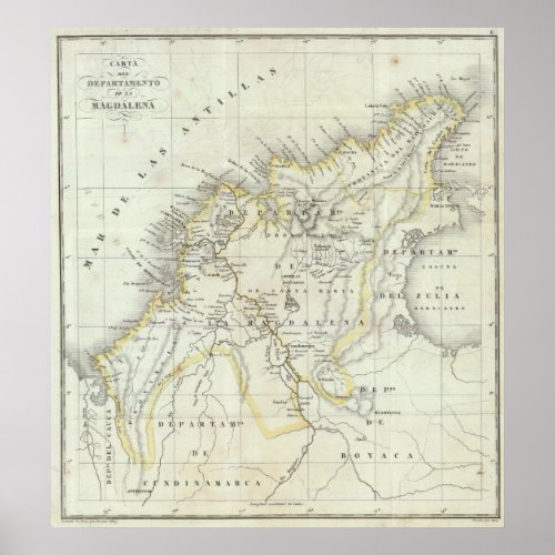 Engraved Map of Colombia Poster