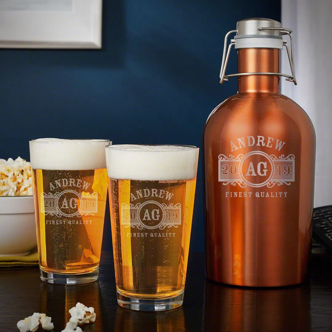 Engraved Marquee Growler Set & Pint Beer Glass (Front)