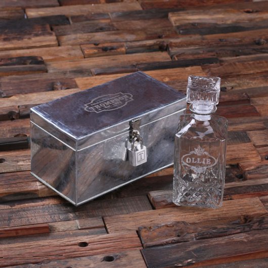 Engraved Metal Box with Lock and Whiskey Decanter (Top)
