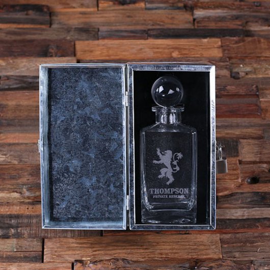 Engraved Metal Case with Lock and Whiskey Decanter (Inside)