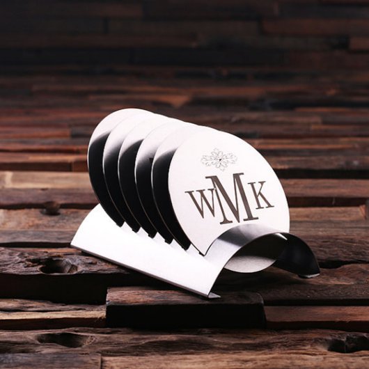 Engraved Modern Monogram Stainless Steel Coasters (Front)