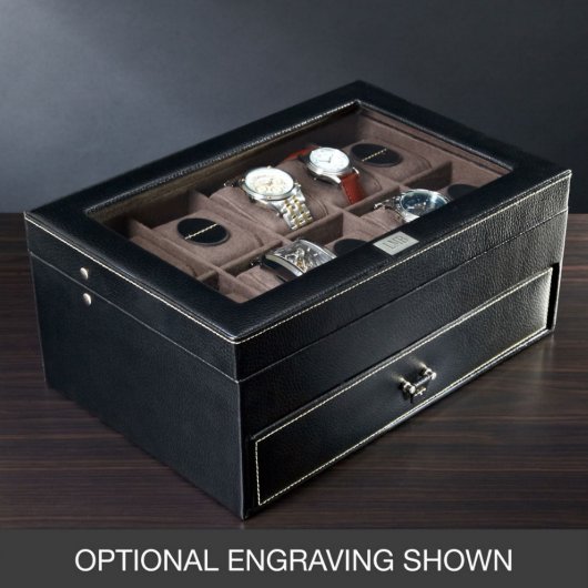 Engraved Monogrammed Leather 10 Watch Display Case (Front)