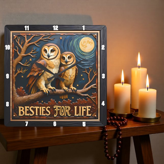 Engraved Owls Branch Full Moon Square Wall Clock (Creator Uploaded)