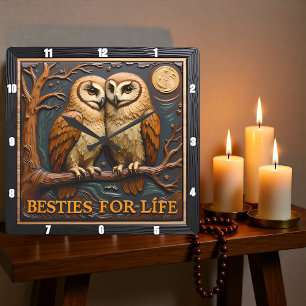 Engraved Owls Branch Moon Besties Square Wall Clock