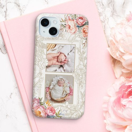 Engraved Pink Watercolor Girly Floral Two_Photo iPhone 15 Plus Case