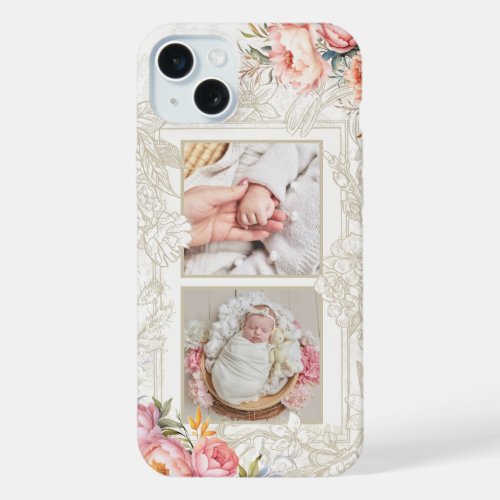 Engraved Pink Watercolor Girly Floral Two_Photo iPhone 15 Plus Case