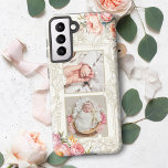 Engraved Pink Watercolor Girly Floral Two-Photo Samsung Galaxy S21 Case<br><div class="desc">Girly and very feminine design featuring template for two square photos centered on a delicate engraved floral border with two corner sprays of pink roses and peonies on light ecru background. Optional floral graphics can be moved,  resized or removed.</div>